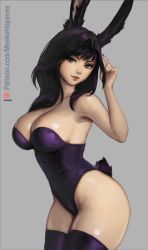 Rule 34 | 1girl, animal ears, arm up, artist name, bare shoulders, black hair, breasts, cleavage, closed mouth, cowboy shot, dress, grey background, hand in own hair, large breasts, leotard, looking at viewer, meekohopanes, nail polish, original, paid reward available, patreon logo, patreon username, playboy bunny, purple eyes, purple leotard, purple nails, purple thighhighs, rabbit ears, rabbit tail, simple background, solo, strapless, strapless dress, tail, thighhighs, thighs, watermark, web address