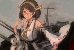 Rule 34 | 1girl, bare shoulders, black hair, blue eyes, closed mouth, detached sleeves, glasses, green-framed eyewear, hairband, headgear, highres, japanese clothes, kantai collection, kirishima (kancolle), machinery, moor, nontraditional miko, ribbon-trimmed sleeves, ribbon trim, rigging, short hair, smile, solo, turret, upper body, wide sleeves
