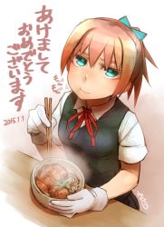 Rule 34 | 10s, 1girl, 2015, akeome, aqua eyes, bowl, chicken (food), chopsticks, dated, didloaded, eating, food, gloves, happy new year, kantai collection, katsudon (food), looking at viewer, mushroom, neck ribbon, new year, noodles, pink hair, ponytail, red ribbon, ribbon, school uniform, shiranui (kancolle), short hair, signature, soba, solo, translated, white gloves
