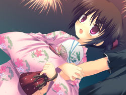 Rule 34 | 1girl, :d, aerial fireworks, holding another&#039;s arm, arm hug, black hair, dutch angle, hand fan, festival, fireworks, floral print, game cg, hair up, japanese clothes, kimono, meito (maze), open mouth, paper fan, pink eyes, pink kimono, pouch, short hair, smile, solo focus, summer festival, uchiwa, upper body, yukata