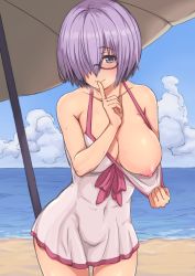 Rule 34 | 1girl, bare shoulders, beach, black-framed eyewear, blush, bow, breasts, cleavage, clothes pull, cloud, collarbone, covered navel, fate/grand order, fate (series), finger to mouth, glasses, hair over one eye, half-closed eyes, hand to own mouth, hand up, large breasts, mash kyrielight, matching hair/eyes, navel, nipples, ocean, one-piece swimsuit, outdoors, pink bow, pulling own clothes, purple eyes, purple hair, shiny skin, shirt pull, short hair, sky, smile, solo, standing, sweat, swimsuit, thigh gap, umbrella, water, white one-piece swimsuit, yas (35373)