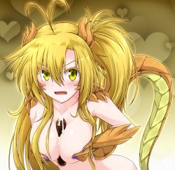 Rule 34 | 1girl, ahoge, areola slip, arisa (g (genesis1556)), blonde hair, blush, breasts, breasts squeezed together, chocolate, claws, covering privates, covering breasts, dragon girl, dragon horns, dragon tail, food between breasts, g (genesis1556), gradient background, heart, heart background, highres, horns, implied paizuri, long hair, looking at viewer, medium breasts, monster girl, nude, open mouth, original, ponytail, sexually suggestive, solo, suggestive fluid, tail, upper body, v-shaped eyebrows, yellow background, yellow eyes