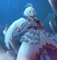 Rule 34 | 1girl, antenna hair, bare shoulders, boots, bow, column, detached sleeves, dress, dutch angle, feathered wings, fitoria (tate no yuusha no nariagari), frilled dress, frills, highres, kneehighs, layered dress, long sleeves, looking at viewer, masuji, night, open mouth, outstretched arm, pillar, red bow, red eyes, ruins, short hair, sky, socks, solo, tate no yuusha no nariagari, white dress, white footwear, white hair, white wings, wings