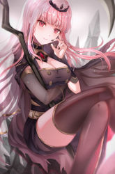 Rule 34 | 1girl, arm under breasts, black dress, black nails, blunt bangs, breasts, cleavage, dress, head tilt, highres, holding, holding scythe, hololive, hololive english, kebaboishii, large breasts, long hair, looking at viewer, mori calliope, nail polish, pink hair, scythe, sitting, smile, solo, thighhighs, tiara, veil, virtual youtuber