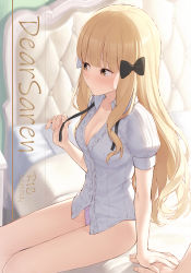 Rule 34 | 1boy, 1girl, bed, black bow, blanket, blonde hair, blunt bangs, blush, bow, breasts, brown eyes, center frills, cleavage, closed mouth, collared shirt, commentary request, content rating, cover, cover page, english text, fingernails, frilled shirt, frills, hair bow, highres, holding hands, indoors, long hair, looking away, looking to the side, medium breasts, mikazuchi zeus, no pants, on bed, panties, pillow, princess connect!, purple panties, saren (princess connect!), saren (real) (princess connect!), shirt, short sleeves, sidelocks, sitting, solo focus, thighs, underwear, very long hair, white bow
