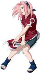 Rule 34 | 1girl, :p, absurdres, artist request, bag, baggy clothing, bike shorts, blue footwear, dress, flat chest, forehead protector, full body, green eyes, hairband, haruno sakura, headband, headdress, highres, holding, holding weapon, kunai, long hair, looking at viewer, naruto, naruto (series), pink hair, red dress, shoes, short sleeves, shorts, side slit, simple background, skin tight, solo, spandex, toeless footwear, toes, tongue, tongue out, weapon, white background, zipper