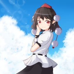 Rule 34 | 1girl, arm across chest, arms up, belt, black hair, black neckwear, black skirt, blue sky, blush, cloud, cowboy shot, day, from side, hand in own hair, hat, ibara kashipan, lens flare, looking at viewer, looking back, outdoors, pointy ears, pom pom (clothes), puffy short sleeves, puffy sleeves, red eyes, ribbon, shameimaru aya, shirt, short hair, short sleeves, skirt, sky, smile, solo, standing, tokin hat, touhou, untucked shirt, white shirt