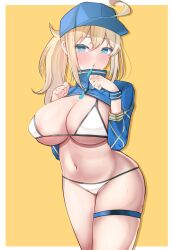 Rule 34 | 1girl, artoria pendragon (fate), baseball cap, bikini, blonde hair, blue eyes, blue hat, blue jacket, breasts, cropped jacket, fate/grand order, fate (series), hair through headwear, hat, jacket, large breasts, long hair, mysterious heroine x (fate), mysterious heroine xx (fate), ponytail, shrug (clothing), solo, standing, swimsuit, tf cafe, white bikini, yellow background