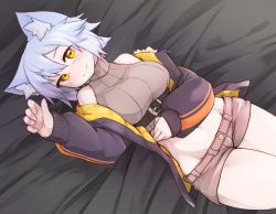 Rule 34 | 1girl, absurdres, animal ears, barefoot, blue hair, blush, breasts, cat ears, cat tail, closed mouth, commentary, commentary request, facial scar, feet, fur trim, highres, large breasts, looking at viewer, lying, orange eyes, original, ryota tentei, scar, scar across eye, scar on cheek, scar on face, short hair, short shorts, shorts, solo, sweater, tail, tora tentei