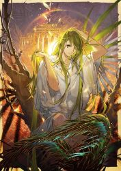 Rule 34 | 1other, androgynous, enkidu (fate), fate/strange fake, fate (series), green eyes, green hair, holding, holding hair, in tree, light green hair, long hair, robe, sitting, sitting in tree, solo, temple, tree, very long hair, white robe, xiling