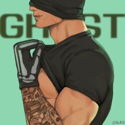 Rule 34 | 1boy, arm tattoo, bara, black gloves, black shirt, call of duty, call of duty: modern warfare 2, character name, closed mouth, clothes lift, gasoline0816 (gas), ghost (modern warfare 2), gloves, highres, large pectorals, male focus, mask, mask lift, muscular, muscular male, pectorals, scar, scar on face, scar on mouth, shirt, shirt lift, smile, solo, tattoo, twitter username
