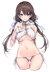 Rule 34 | 1girl, akizora momiji, bare shoulders, breasts, brown hair, collarbone, commentary request, crop top, cropped legs, detached sleeves, gluteal fold, hair ornament, hair ribbon, hairclip, hand on own chest, highres, large breasts, long hair, long sleeves, looking at viewer, low twintails, navel, original, panties, parted lips, purple eyes, ribbed sweater, ribbon, side-tie panties, simple background, solo, stomach, sweater, turtleneck, twintails, underboob, underwear, white background, white panties