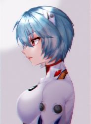 Rule 34 | 1girl, ayanami rei, blue hair, bodysuit, breasts, from side, hairpods, hanapi (happ03nanana03), highres, interface headset, neon genesis evangelion, pilot suit, plugsuit, red eyes, short hair, small breasts, solo, upper body, white bodysuit