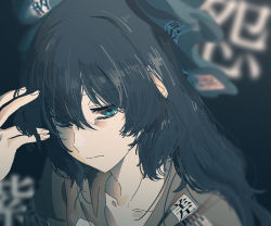 Rule 34 | 1girl, blue bow, blue eyes, blue hair, bow, closed mouth, collarbone, commentary, debt, fingernails, frown, grey hoodie, hair between eyes, hair bow, hand on own head, hand up, hood, hoodie, irohasu (sasagarasu), jitome, long hair, looking at viewer, portrait, solo, touhou, yorigami shion