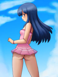 Rule 34 | 1girl, ass, blue eyes, blue hair, blush, breasts, creatures (company), dawn (pokemon), female focus, game freak, legs, long hair, matching hair/eyes, nintendo, outdoors, pokemon, sky, solo, swimsuit, thighs, tsumitani daisuke