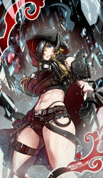 1girl abs arm_warmers armor bare_shoulders belt black_belt black_cloak black_gloves black_shirt black_shorts blonde_hair blue_eyes breasts broken_mask buckle clenched_hands cloak closed_mouth commentary_request cropped_shirt frown gloves goddess_of_victory:_nikke grave_(nikke) hair_between_eyes highleg highleg_panties highres hood hood_up hooded_cloak kanchiyo large_breasts long_hair looking_at_viewer mask metal_gloves micro_shorts midriff multiple_scars navel panties scar scar_on_stomach shirt shorts shoulder_armor sidelocks signature single_arm_warmer skindentation sleeveless sleeveless_shirt snap-fit_buckle solo standing thigh_strap torn_cloak torn_clothes underwear