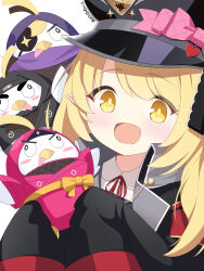 Rule 34 | 1girl, 2525butsuri2, absurdres, artist name, black coat, black hat, blue archive, coat, commentary request, daruma doll, hat, hat ornament, heart, heart hat ornament, highres, holding, ibuki (blue archive), long sleeves, looking at viewer, military hat, neck ribbon, open mouth, peaked cap, peroro (blue archive), pointy ears, red ribbon, ribbon, sleeves past fingers, sleeves past wrists, solo, twitter username, yellow eyes