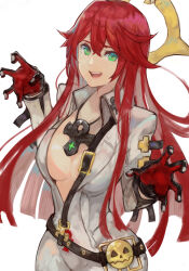Rule 34 | 1girl, ankh, ankh necklace, belt, black gloves, bodysuit, breasts, claw pose, cleavage, gloves, green eyes, guilty gear, guilty gear strive, highres, jack-o&#039; valentine, levvellevvel, long hair, looking at viewer, medium breasts, multicolored hair, open mouth, red hair, simple background, smile, solo, too many, too many belts, two-tone hair, white background, white bodysuit, white hair