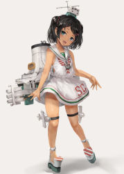 Rule 34 | 1girl, anchor, black hair, braid, dress, full body, grey background, hair ornament, hairclip, kantai collection, looking at viewer, machinery, mole, mole under eye, neckerchief, open mouth, sailor collar, sailor dress, scirocco (kancolle), short hair, simple background, sleeveless, sleeveless dress, smile, solo, striped neckerchief, striped neckwear, tan, toka (marchlizard), two side up, white background, white dress, white sailor collar