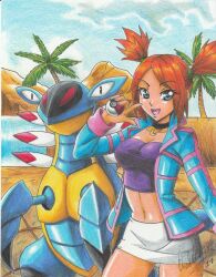 Rule 34 | 1girl, 2019, absurdres, arm up, armaldo, artist name, black choker, blue eyes, blue jacket, breasts, choker, cowboy shot, creatures (company), crop top, day, game freak, gen 3 pokemon, highres, holding, holding poke ball, jacket, medium breasts, midriff, navel, nintendo, open clothes, open jacket, open mouth, orange hair, outdoors, palm tree, poke ball, pokemon, pokemon (creature), pokemon colosseum, purple top, ravernclouk design, rui (pokemon), skirt, standing, thighs, traditional media, tree, twintails, water, waterfall, white skirt