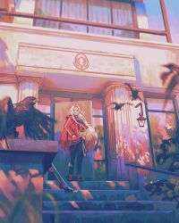 Rule 34 | 1girl, bird, blonde hair, blurry, building, dappled sunlight, eagle, edelgard von hresvelg, fire emblem, fire emblem: three houses, hand in pocket, highres, klegsart, long hair, looking to the side, nintendo, open mouth, outdoors, purple eyes, railing, solo, stairs, sunlight, wind