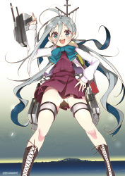 Rule 34 | 10s, 1girl, :d, ahoge, blue eyes, blush, bow, bowtie, cross-laced footwear, grey hair, hand on own hip, highres, kantai collection, kiyoshimo (kancolle), long hair, looking at viewer, naitou ryuu, no legwear, open mouth, revision, skirt, smile, solo, thigh strap, twintails