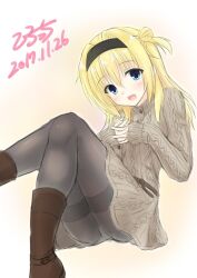 Rule 34 | 1girl, 2017, :d, belt, black hairband, black pantyhose, blue eyes, blush, boots, brown belt, brown footwear, brown sweater, buttons, casual, chitose sana, commentary request, dated, double bun, dress, eyes visible through hair, feet out of frame, hair between eyes, hair bun, hair intakes, hairband, happy, highres, hirocchi, interlocked fingers, knees together feet apart, long hair, looking at viewer, lying, on back, open mouth, own hands together, panties, panties under pantyhose, pantyhose, sidelocks, signature, sketch, sleeves past wrists, smile, solo, sweater, sweater dress, teeth, tenshinranman, thighband pantyhose, two side up, underwear, upper teeth only