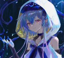 Rule 34 | 1girl, :d, arknights, bare shoulders, blue hair, blue hat, blue neckerchief, collarbone, gloves, hat, highres, hood, hood up, looking at viewer, mizuki (arknights), neckerchief, open mouth, parted lips, purple eyes, rain, short hair with long locks, sidelocks, smile, solo, spacelongcat, tentacles, upper body, white gloves