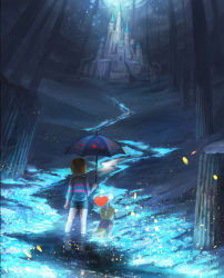Rule 34 | androgynous, brown hair, castle, column, facing away, frisk (undertale), gender request, highres, image sample, monster kid (undertale), pillar, ruins, scenery, shaonav, shirt, standing, striped clothes, striped shirt, umbrella, undertale, wading