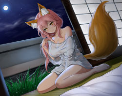 Rule 34 | 1girl, animal ear fluff, animal ears, bad id, bad pixiv id, bare shoulders, barefoot, blush, breasts, cleavage, closed mouth, collarbone, fate/extra, fate (series), fox ears, fox girl, fox tail, full moon, grass, hair between eyes, highres, large breasts, legs, long hair, looking at viewer, mingakk, moon, night, night sky, pink hair, ponytail, shirt, shouji, sitting, sky, sliding doors, smile, solo, tail, tamamo (fate), tamamo no mae (fate/extra), thighs, wariza, white shirt, yellow eyes