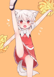 Rule 34 | 1girl, :o, absurdres, animal ear fluff, animal ears, arm up, bare shoulders, black footwear, blush, brown background, cheerleader, flying sweatdrops, hair between eyes, heart, highres, holding, inubashiri momiji, kibisake, leg up, looking at viewer, nose blush, open mouth, outstretched arms, panties, pleated skirt, pom pom (cheerleading), red eyes, red panties, red shirt, red skirt, shirt, shoe soles, shoes, silver hair, simple background, skirt, sleeveless, sleeveless shirt, solo, split, standing, standing on one leg, standing split, sweat, tail, thick eyebrows, touhou, underwear, wolf ears, wolf girl, wolf tail