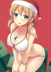 Rule 34 | 10s, 1girl, anchor hair ornament, bare shoulders, bikini, blonde hair, blue eyes, blush, box, breasts, christmas, cleavage, collarbone, condom, gift, gift box, hair ornament, halterneck, hat, highres, kantai collection, large breasts, looking at viewer, mizunashi kenichi, prinz eugen (kancolle), red background, santa hat, sitting, solo, string bikini, swimsuit, twintails, white bikini