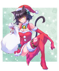 Rule 34 | 1girl, animal ears, bell, black hair, blake belladonna, boots, cat ears, cat tail, christmas, christmas dress, cleavage cutout, clothing cutout, elbow gloves, fang, fur-trimmed gloves, fur trim, gloves, hat, highres, iesupa, neck ribbon, red gloves, red thighhighs, ribbon, rwby, sack, santa boots, santa costume, santa hat, short hair, solo, tail, thigh boots, thighhighs, wedge heels, yellow eyes
