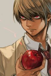 Rule 34 | 1boy, apple, brown hair, closed mouth, collared shirt, death note, fingernails, food, formal, fruit, glaring, grey background, hair between eyes, holding, holding food, holding fruit, hungry clicker, male focus, necktie, red eyes, red neckwear, serious, shirt, short hair, simple background, suit, upper body, white shirt, wing collar, yagami light