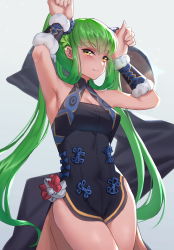 Rule 34 | 1girl, absurdres, alternate costume, armpits, bad id, bad pixiv id, bare shoulders, black dress, blunt bangs, blush, breasts, c.c., china dress, chinese clothes, code geass, commentary request, dress, fate/grand order, fate (series), green hair, hair ornament, highres, jmao, long hair, looking at viewer, medium breasts, simple background, smile, solo, twintails, very long hair, white background, yang guifei (fate), yang guifei (second ascension) (fate), yellow eyes
