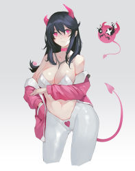 Rule 34 | 1girl, bare shoulders, breasts, choker, cleavage, closed mouth, collarbone, commentary request, contrapposto, cowboy shot, creature, cropped legs, demon girl, demon horns, demon tail, gradient background, grey background, grey pants, hair between eyes, hand in pocket, heart, highres, horns, jacket, large breasts, long sleeves, mixed-language commentary, navel, off shoulder, open clothes, open jacket, original, pants, pasties, pink choker, pink jacket, pointy ears, signature, simple background, solo, tail, wookyung
