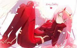 Rule 34 | 1girl, angel, angel wings, artist name, bodysuit, breasts, closed mouth, commentary, darling in the franxx, english commentary, feathered wings, green eyes, hairband, heart, horns, long hair, lying, marmaladica, medium breasts, on back, oni horns, petals, pink hair, plugsuit, red bodysuit, simple background, single wing, solo, very long hair, wedge heels, white background, white hairband, white wings, wings, zero two (darling in the franxx)
