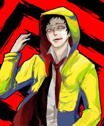Rule 34 | 1boy, adachi tooru, black hair, coat, collared shirt, hako (rai63128), hood, hood up, long sleeves, male focus, necktie, open clothes, open coat, open mouth, persona, persona 4, red background, red necktie, shaded face, shirt, short hair, teeth, upper body, upper teeth only, yellow eyes, yellow raincoat