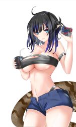 Rule 34 | 1girl, absurdres, ahoge, arknights, arm strap, bandeau, black hair, black shirt, blue eyes, blue hair, blue nails, blue shorts, breasts, chest sarashi, commentary, cowboy shot, cup, ear piercing, eunectes (arknights), hand up, highres, holding, holding cup, large breasts, looking at viewer, medium hair, midriff, multicolored hair, nail polish, navel, parted lips, piercing, pointy ears, sarashi, shirt, short shorts, shorts, simple background, snake tail, solo, strapless, streaked hair, tail, tube top, underboob, white background, yinxiang