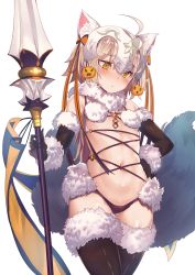 Rule 34 | absurdres, ahoge, akieda, animal ears, black gloves, black thighhighs, blush, cosplay, elbow gloves, embarrassed, fate/grand order, fate (series), flat chest, fur trim, gloves, gluteal fold, hair ribbon, hand on own hip, headpiece, highres, jeanne d&#039;arc (fate), jeanne d&#039;arc (ruler) (fate), jeanne d&#039;arc alter (fate), jeanne d&#039;arc alter santa lily (fate), light brown hair, looking down, mash kyrielight, mash kyrielight (dangerous beast), mash kyrielight (dangerous beast) (cosplay), navel, o-ring, o-ring top, official alternate costume, polearm, revealing clothes, ribbon, short hair, simple background, solo, tail, thigh gap, thighhighs, weapon, white background, wolf ears, wolf tail, yellow eyes