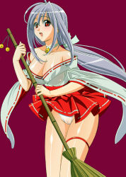 Rule 34 | 1girl, adapted uniform, bare shoulders, bell, blue hair, blush, breasts, broom, cameltoe, cleavage, clothes lift, female focus, grey hair, japanese clothes, jingle bell, kuroda kazuya, large breasts, legs, long hair, miko, nontraditional miko, off shoulder, open mouth, original, panties, pantyshot, ponytail, red eyes, skirt, skirt lift, solo, underwear, upskirt, wind, wind lift