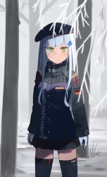 Rule 34 | 1girl, beret, black hat, black thighhighs, blue hair, breasts, closed mouth, crossed bangs, feet out of frame, german flag, girls&#039; frontline, gloves, green eyes, hat, highres, hinami047, hk416 (girls&#039; frontline), long hair, looking at viewer, solo, standing, tactical clothes, teardrop, teardrop facial mark, teardrop tattoo, thighhighs, white gloves, winter