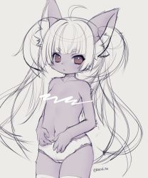 Rule 34 | 1girl, ahoge, breasts, brown eyes, censored, furry, furry female, grey background, greyscale, highres, long hair, monochrome, navel, original, panties, racal ra, simple background, sketch, small breasts, solo, spot color, thighhighs, thighs, topless, twintails, underwear, underwear only, unfinished, very long hair, white panties, white thighhighs