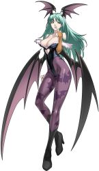 Rule 34 | 1girl, aqua hair, bare shoulders, bat wings, blue hair, boots, breasts, bridal gauntlets, capcom, cleavage, cross edge, demon girl, demon wings, elbow gloves, finger to mouth, fur trim, gloves, green eyes, green hair, head wings, high heels, highleg, highres, knee boots, large breasts, leotard, long hair, long legs, matching hair/eyes, morrigan aensland, nakamura tatsunori, official art, open mouth, pantyhose, pointing, print pantyhose, purple pantyhose, shiny clothes, shoes, simple background, solo, standing, vampire (game), wings