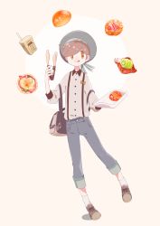 Rule 34 | 1boy, absurdres, backpack, bad id, bad pixiv id, bag, bow, bread, brown footwear, brown hair, buttons, collared shirt, denim, food, full body, grey hat, hat, hat ribbon, highres, holding, holding plate, jeans, looking to the side, male focus, milk carton, orange bow, orange eyes, original, pants, pants rolled up, plate, ribbon, shirt, shoes, socks, solo, sorata123, standing, standing on one leg, suspenders, tongs, tongue, tongue out, white shirt