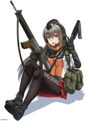 Rule 34 | 1girl, :d, assault rifle, black footwear, black gloves, black hat, boots, breasts, brown hair, brown pantyhose, clothes writing, commentary request, cross-laced footwear, ear protection, full body, garrison cap, girls&#039; frontline, gloves, green eyes, grey hair, gun, hair between eyes, hands up, hat, headset, highres, holding, holding gun, holding weapon, holster, jacket, knees up, knife, lace-up boots, long hair, long sleeves, looking at viewer, medium breasts, ndtwofives, open mouth, original, pantyhose, pleated skirt, red skirt, rifle, shadow, shoe soles, sig 500 (girls&#039; frontline) (ndtwofives), sig 550 (girls&#039; frontline) (ndtwofives), sig sauer, sig sg550, skirt, smile, solo, v-shaped eyebrows, very long hair, weapon, white background, white jacket