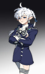 Rule 34 | 1boy, ahoge, alphinaud leveilleur, black background, blue eyes, blue jacket, boots, braid, braided ponytail, chinese commentary, collared jacket, commentary request, cowboy shot, crossed arms, earclip, earrings, elezen, elf, final fantasy, final fantasy xiv, from side, gradient background, hair between eyes, hair ribbon, highres, jacket, jewelry, long hair, long sleeves, looking at viewer, male focus, pointy ears, ribbon, single braid, single earring, smirk, solo, standing, thigh boots, turtleneck, two-tone background, white background, white footwear, white hair, wuliu heihuo