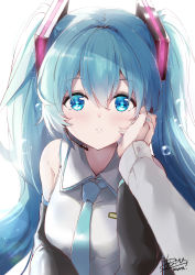 Rule 34 | 1girl, aqua hair, aqua necktie, asahi kuroi, blue eyes, blush, detached sleeves, hand on another&#039;s cheek, hand on another&#039;s face, hatsune miku, headset, highres, long hair, looking at viewer, necktie, signature, simple background, solo focus, twintails, upper body, vocaloid, white background