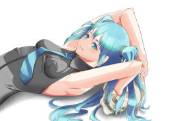 Rule 34 | 1girl, armpits, arms up, bare arms, blue eyes, blue hair, blue necktie, breasts, closed mouth, collared shirt, dress shirt, grey shirt, hair between eyes, hatsune miku, highres, long hair, lying, necktie, on back, oonikuniku, shirt, simple background, skull, sleeveless, sleeveless shirt, small breasts, solo, twintails, upper body, very long hair, vocaloid, white background, wing collar
