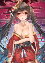 Rule 34 | 1girl, azur lane, bare shoulders, black hair, blush, bow, breasts, chahei, cleavage, collarbone, commentary, finger to mouth, hair between eyes, hair bow, hair ribbon, head tilt, highres, japanese clothes, kimono, long hair, medium breasts, off shoulder, parted lips, pleated skirt, red eyes, red kimono, red ribbon, red skirt, ribbon, skirt, solo, striped, striped bow, symbol-only commentary, taihou (azur lane), tongue, tongue out, twintails, very long hair